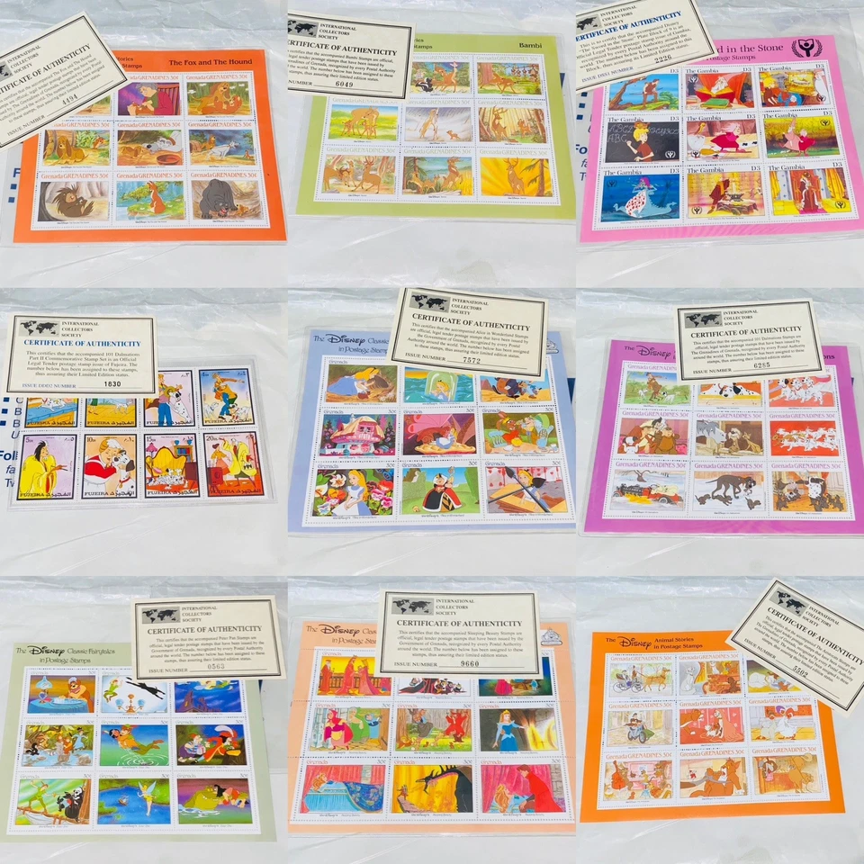 Selos vintage da Disney com certificado de autenticidade - 9 conjuntos! Dálmatas Alice Peter Pan Ect - Imagem 1 de 4