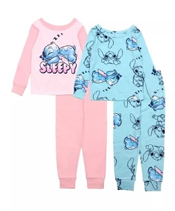 Lilo and Stitch Girl's Sleepy Stitch Long-Sleeved 4-Piece Cotton Pajama Set - Picture 1 of 4