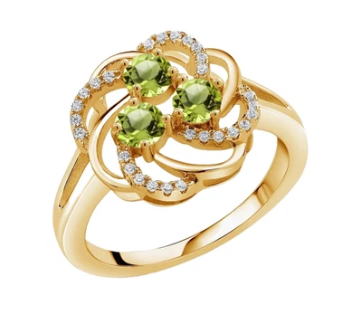 925 Silver Yellow Gold Plated 1.10 Ct Peridot and White Topaz Flower Style Ring - Image 1 of 4