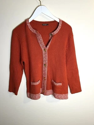 Cardigã feminino J. McLaughlin laranja com nervuras acabamento estampado botões dourados tamanho GG - Imagem 1 de 4
