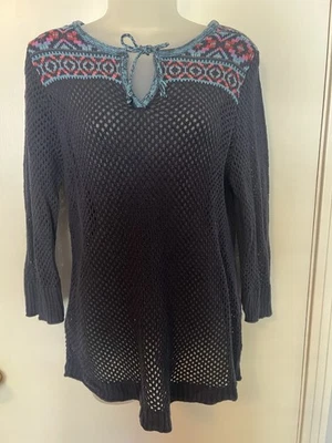 Suéter Eddie Bauer Crochet Azul Playa Jacquard Mezcla Lino Talla L Foto 1 de 4