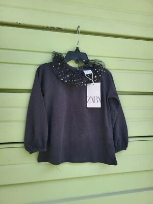 NUEVO ZARA KIDS Niña GRIS TOP APLIQUES Algodón Volantes Talla 2-3 Y 98CM #7209A Foto 1 de 4