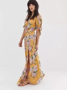BAND OF GYPSIES Yellow Floral Maxi Dress Off Shoulder Ruffle High Size Medium - Picture 1 of 13
