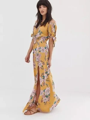 BAND OF GYPSIES Yellow Floral Maxi Dress Off Shoulder Ruffle High Size Medium  - Image 1 of 4