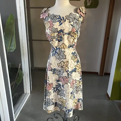 1950s Vintage Pauline Lake Volup Silk Hawaiian Dress With 3D Flower Neckline 36w - Image 1 of 4