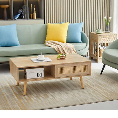 Rattan Coffee Table with Storage Cabinet and Open Shelf Wood Center Table - Image 1 of 4
