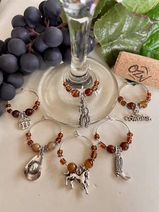 Yee-haw! Brown Agate Western Themed Wine Glass Charms Set of 6- Great Gift Idea! - Picture 1 of 2