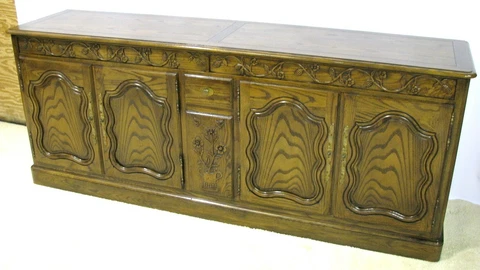 Baker Furniture French Provincial Oak Buffet w/Carved Frieze & Silver Drawer Cover