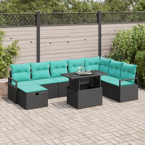 9 Piece Garden Sofa Set with Cushions Black Poly Rattan vidaXL  - Picture 1 of 13