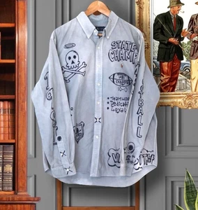 Polo Ralph Lauren XL Senior Cord Style Hand Drawn Art Oxford Cloth Blue Shirt - Picture 1 of 24