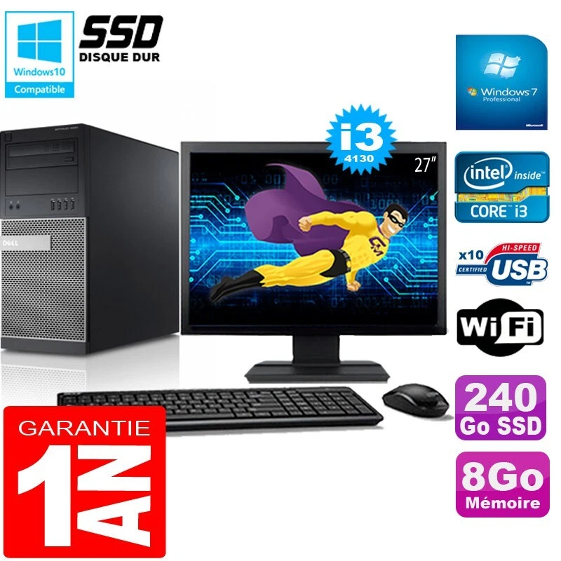 PC tour DELL 9020 Core I3-4130 RAM 8Go Disco 240 Go SSD Wifi W7 Pantalla 27" - Imagen 1 de 1