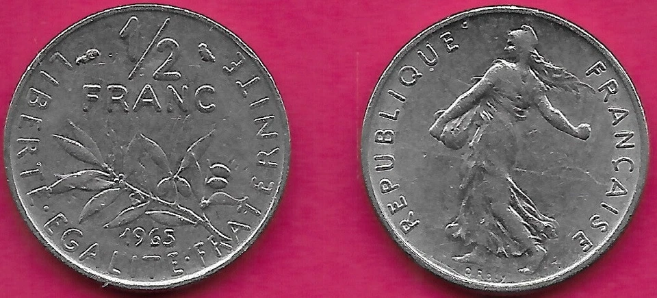 FRANÇA 1/2 FRANCO 1965 XF, QUINTA REPÚBLICA, O SEMEADOR DE SEMENTES, PROJETADO POR OSCAR ROTY EM - Imagem 1 de 1