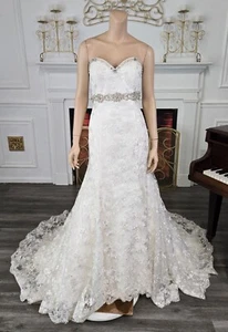 Unbranded White Fit n' Flare Rhinestone Belt Sweetheart Lace Wedding Dress sz 14 - Picture 1 of 3