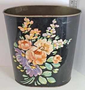 Vintage 1950s Metal Waste Basket Can Floral Pattern - Picture 1 of 11
