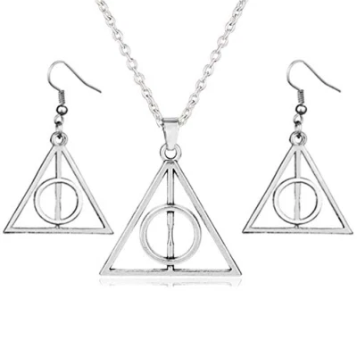 Collana e Orecchini Harry Potter Argento Doni della Morte ciondolo Parure Donna - Immagine 1 di 4
