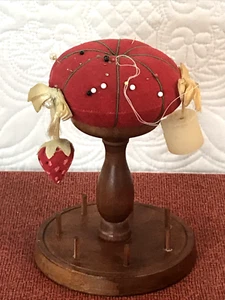 Antique Wood Sewing Stand Spool Holder Pin Cushion Tomato Strawberry Wax - Picture 1 of 8