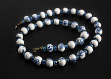 27" Hand painted Porcelain Beaded Necklace Blue on White, with azure glass c1950
