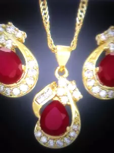 14K YELLOW GOLD CLAD LAB CREATED RUBY & DIAMOND EARRINGS & NECKLACE + BONUS - Picture 1 of 11