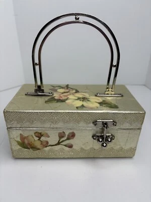 Bolso de mano de madera floral decoupage de colección con mango Art Deco Foto 1 de 4