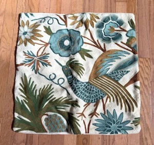 Pottery Barn Beatrice Crewel Embroidered Pillow Cover Blue 24L Peacock Bird Rare - Picture 1 of 2