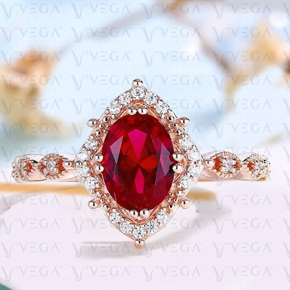 Anillo de compromiso de diamantes y rubíes rojos naturales de corte ovalado de 3,86 quilates enchapado en oro rosa de 18 quilates Foto 1 de 4