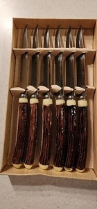 Vintage 6 pc Hollow Ground Stainless Steel Steak Knife Faux Antler Handle Rustic - Picture 1 of 8