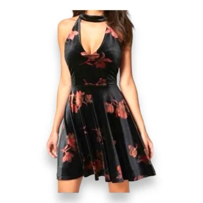 MEDIUM VENUS VELOUR DRESS BLACK FLORAL ALINE SLEEVELESS  EVENT PARTY DATE NIGHT - Image 1 of 4