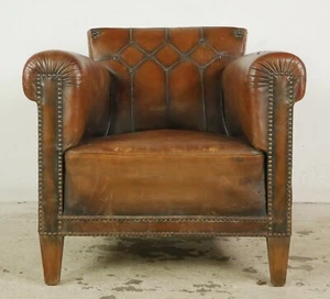 European Tufted Brown Leather Steel Studded Club Chair - Picture 1 of 11