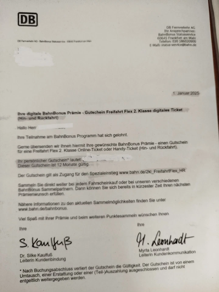 HIN und RÜCKFAHRT Freifahrt Flex Ticket DB Bahn Gutschein | gültig 31.12.26. - Bild 1 von 1