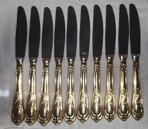 SBS Solingen Germany Gold Tone Ornate Dinner Knives Set of 10 Rostfrei Stainless - Picture 1 of 15