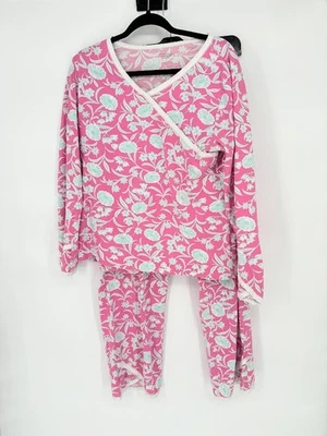 Garnet Hill Green Cotton Asian Wrap Floral Pajamas 2 Piece Set Size M Pink Blue - Image 1 of 4