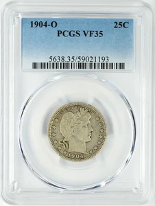 1904-O BARBER SILVER QUARTER 25C PCGS VF35 - Picture 1 of 2
