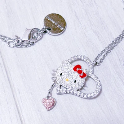 Swarovski Hello Kitty Herz Anhänger Halskette Silber Rosa Selten Sammler - Bild 1 von 2