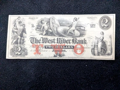 SCARCE 1800's $2 The WEST RIVER BANK, JAMAICA, VT  Obsolete Banknote CH/UNC   #6 - Image 1 of 4