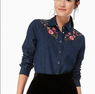 Camisa Kate Spade Feminina XXS Floral Bordada Chambray L/S Azul Denim Western - Imagem 1 de 4