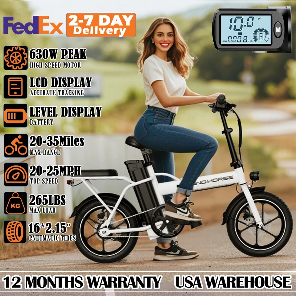 Bicicleta Eléctrica Plegable 16" 2 Asientos 630W Motor Pico 35Millas E-bike para Viajeros Foto 1 de 4