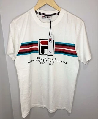 Camiseta Fila Vintage Mercedes Italiana Rayas Heritage Logotipo Rayas Para Hombre Blanca Pequeña Foto 1 de 2