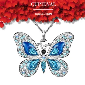 14K WHITE PLATED BLUE CRYSTALS BUTTERFLY PENDANT NECKLACE JEWELRY GIFT BOXED - Picture 1 of 6