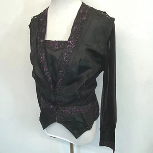 Antique Black Silk Blouse Edwardian 1900s Crepe Lavender Soutache Boned Waist S1 - Picture 1 of 12