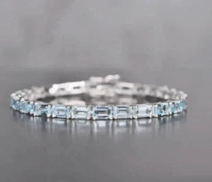9ct Emerald Cut Simulated Aquamarine Tennis Bracelet 14k White Gold Plated SLVR - Picture 1 of 13