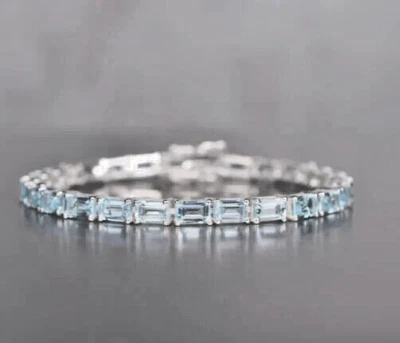 15ct Emerald Cut Simulated Aquamarine Tennis Bracelet 14k White Gold Plated SLVR - Image 1 of 4