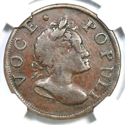 1760 N-2 R-3 NGC VF 30 BN Voce Populi Half Penny Colonial Copper Coin 1/2p - Image 1 of 3