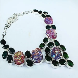 Handmade Cluster Titanium Druzy Quartz 925 Sterling Silver Necklace 18" #H00078 - Picture 1 of 1