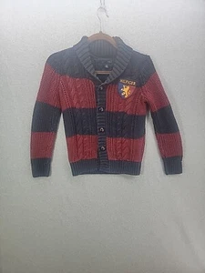 Vintage Tommy Hilfiger Knit Cardigan Sweater Striped Crest Youth Boy Medium - Picture 1 of 10