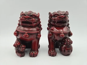 2 Dark Red Guardian Lions Foo Dog Statues, Feng Shui Wealth Protection Figurines - Picture 1 of 5