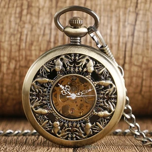 Bronze Hollow-out Fish Case Roman Numerals Hand-Winding Mechanical Pocket Watch - Picture 1 of 9