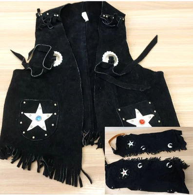 Conjunto de gorras chaleco vaquero vintage niños M gamuza negra flecos tachonados Halloween EE. UU. Foto 1 de 4
