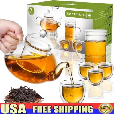 2 in1 Glass Teapot Mug Set W/ Infuser Warmer 4 Double Wall Glass Cups Tea Gift - Image 1 of 4