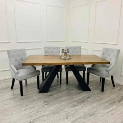 180cm Axel Solid Pine Dining Table & 6 Velvet Chairs Set | Scandinavian Design - Image 1 of 4