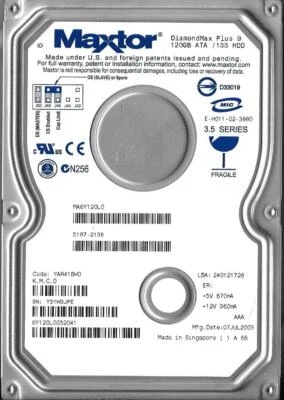 Maxtor DiamondMax Plus 9 6Y120L0 120GB IDE Hard Drive Code: YAR41BW0 K,M,C,D - Image 1 of 2